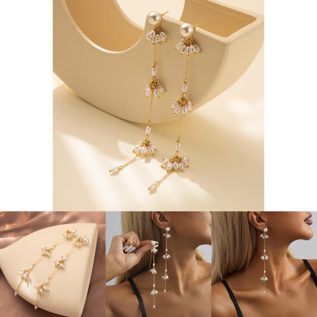 Stylish Copper Gold Chain Dangle Earrings With Faux Pearl Accents