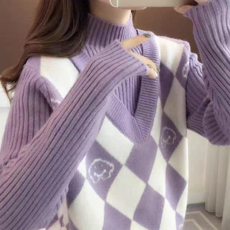 

Autumn fake two pieces and a half turtleneck high-end sense super good-looking sweater women s autumn and winter new knitted bottoming shirt top One size фиолетовый