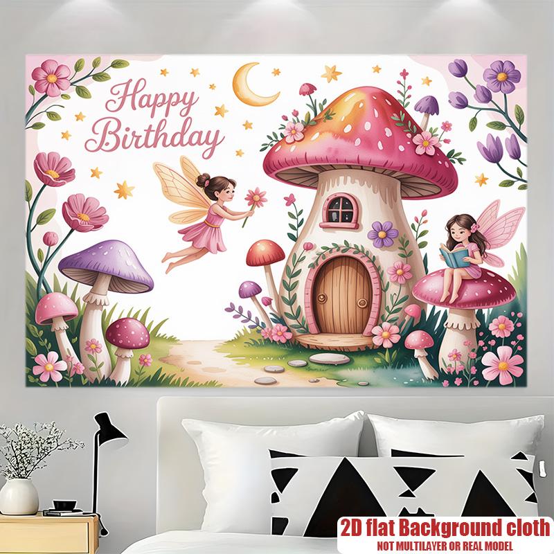 Fairy Garden Birthday Party Banner, Mushroom House Polyester Backdrop for Home Wall