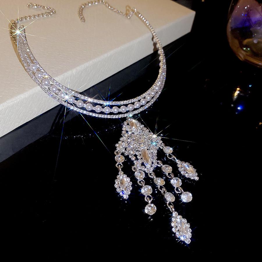 Korean Zircon & Pearl Tassel Necklace – Trendy Design Clavicle Chain