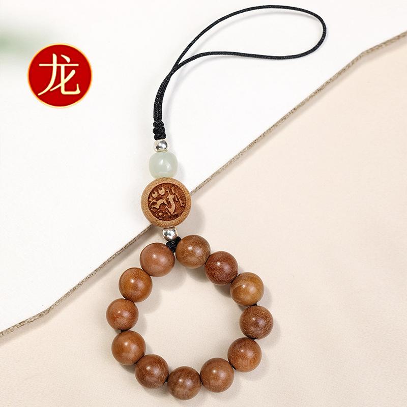 New model of 12 zodiac signs mobile phone chain for women, made of old peach wood, with old sandalwood mobile phone case lanyard and keychain