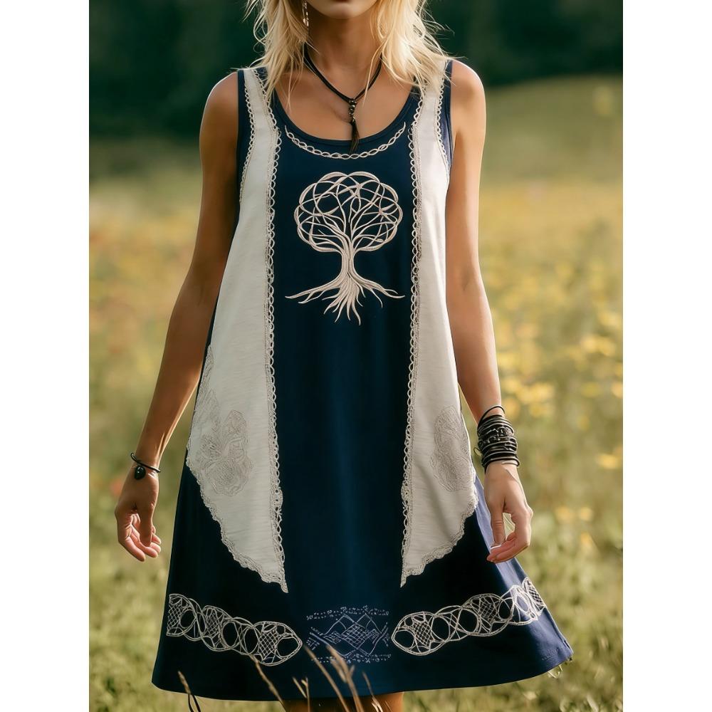 Women s Spring/Summer Retro Ethnic Print Sleeveless Dress, Casual Everyday Dress S
