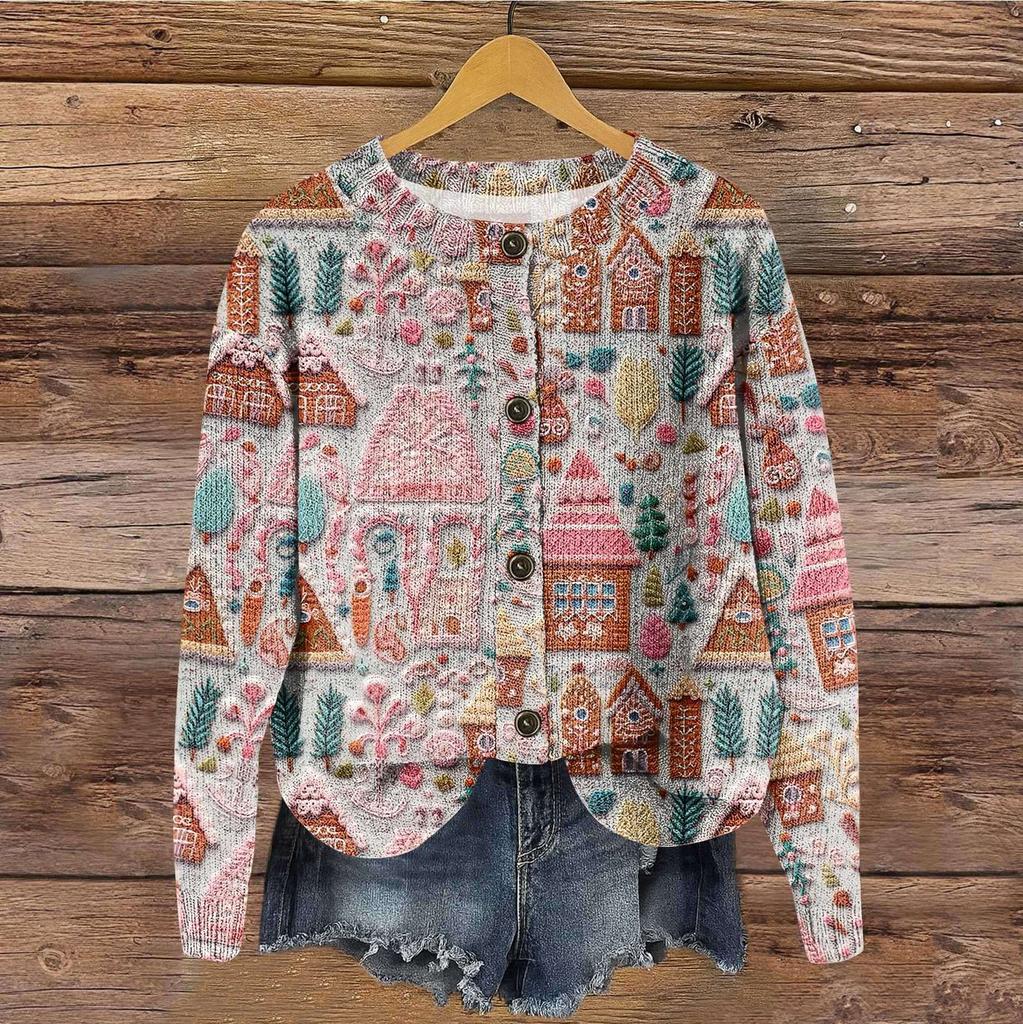 Women's Vintage Knit Button Christmas Print Cardigan Jacket