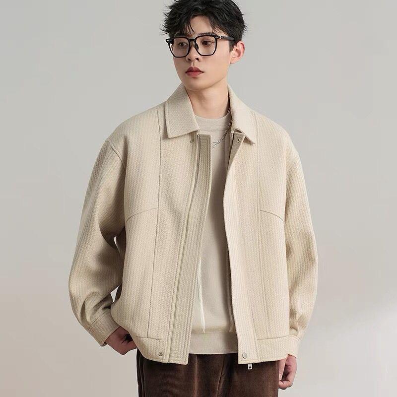 

Men s Trendy Herringbone Wool Coat - Fashionable, Thick, Loose Fit for Autumn/Winter S бежевий