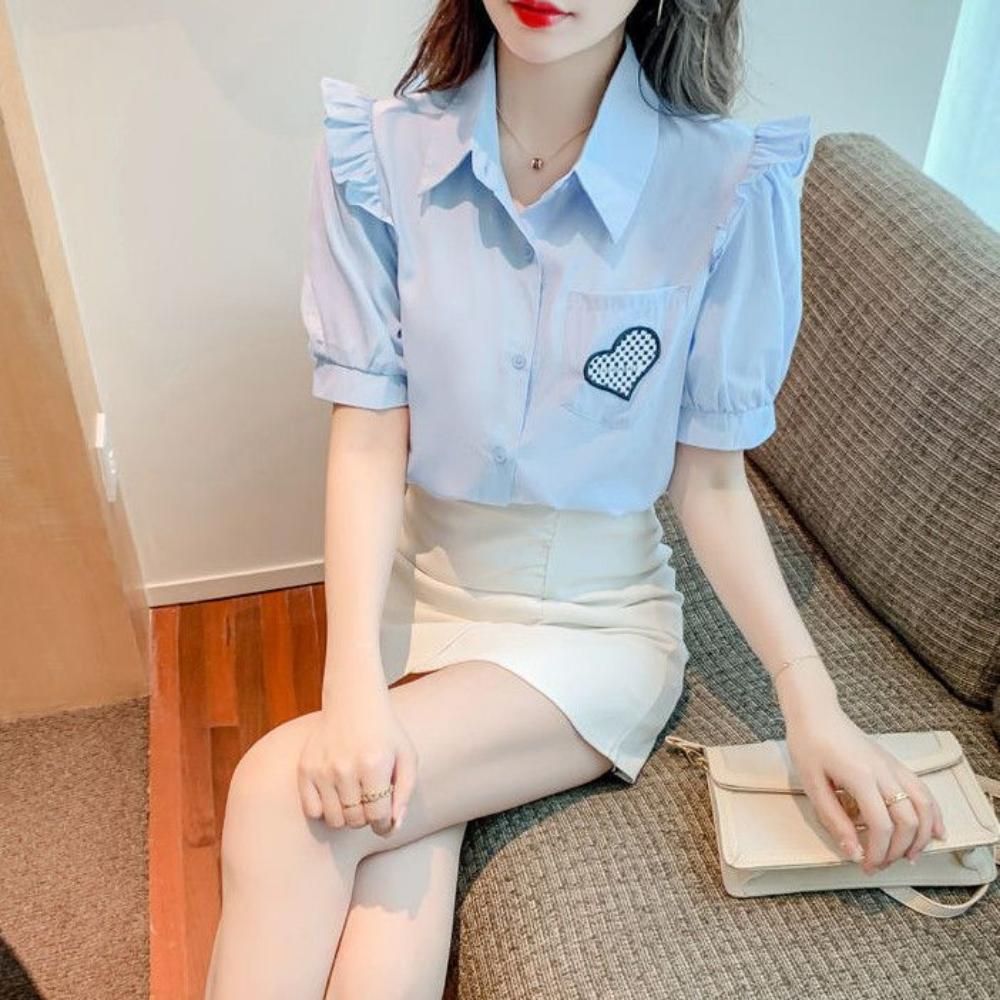 

Ruffled Chiffon Blouse Short Sleeve Women s New Fashion Summer Trendy Top S білий