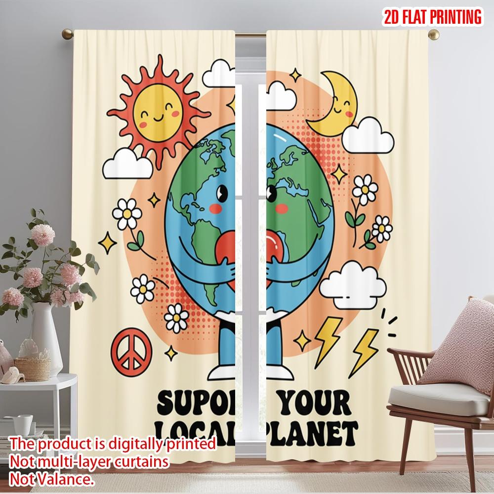 

2pcs 2D flat printing Party Curtains Groovy Earth Love Planet Fabric Without Electricity Holiday Decorations Perfect for Bedroom 52.50×116.00 CM 2pcs