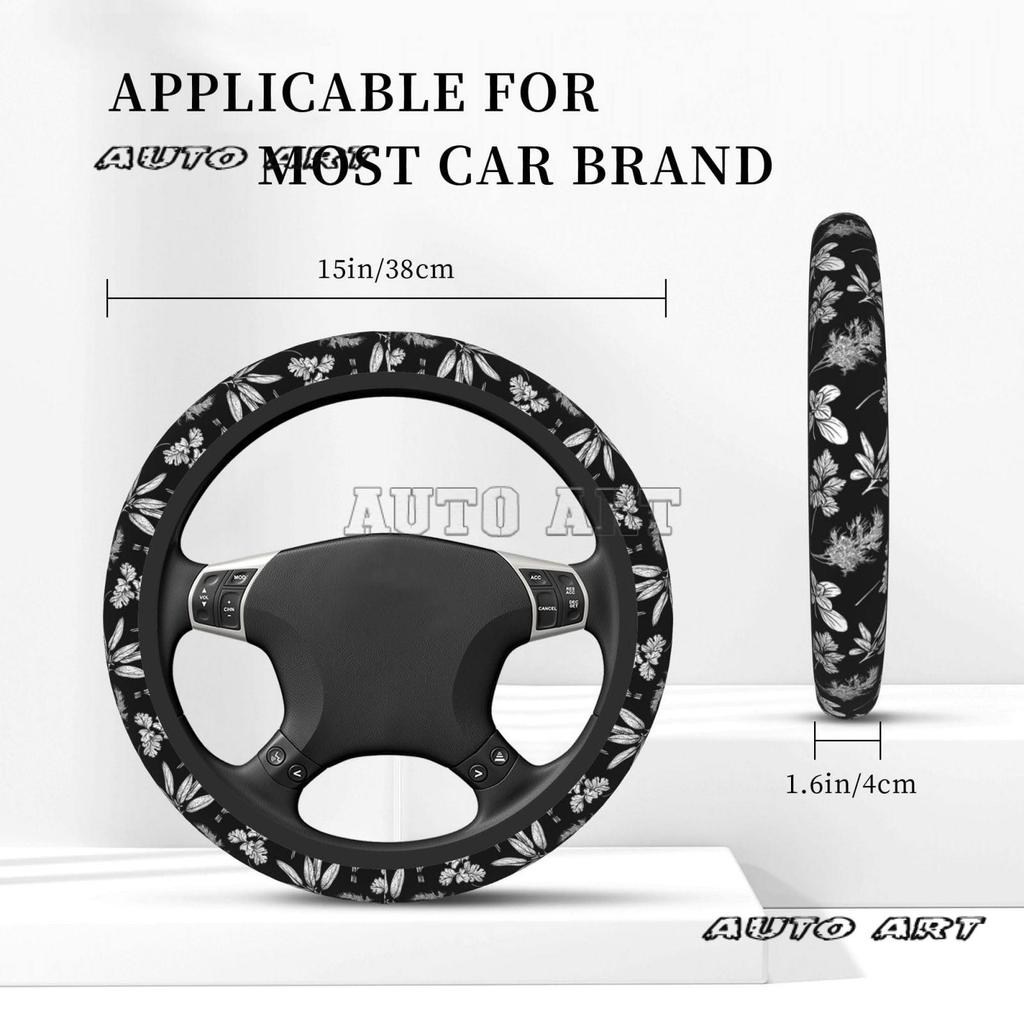 Herbs Flowers Plant White Black Car Steering Wheel Cover Protector Anti Slip Soft Car Interior Decor for Diverse Cars Truck
