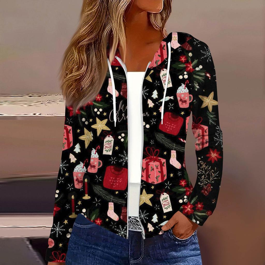 Dame Mote Juleprint Casual Glidelås Langermet Hettejakke
