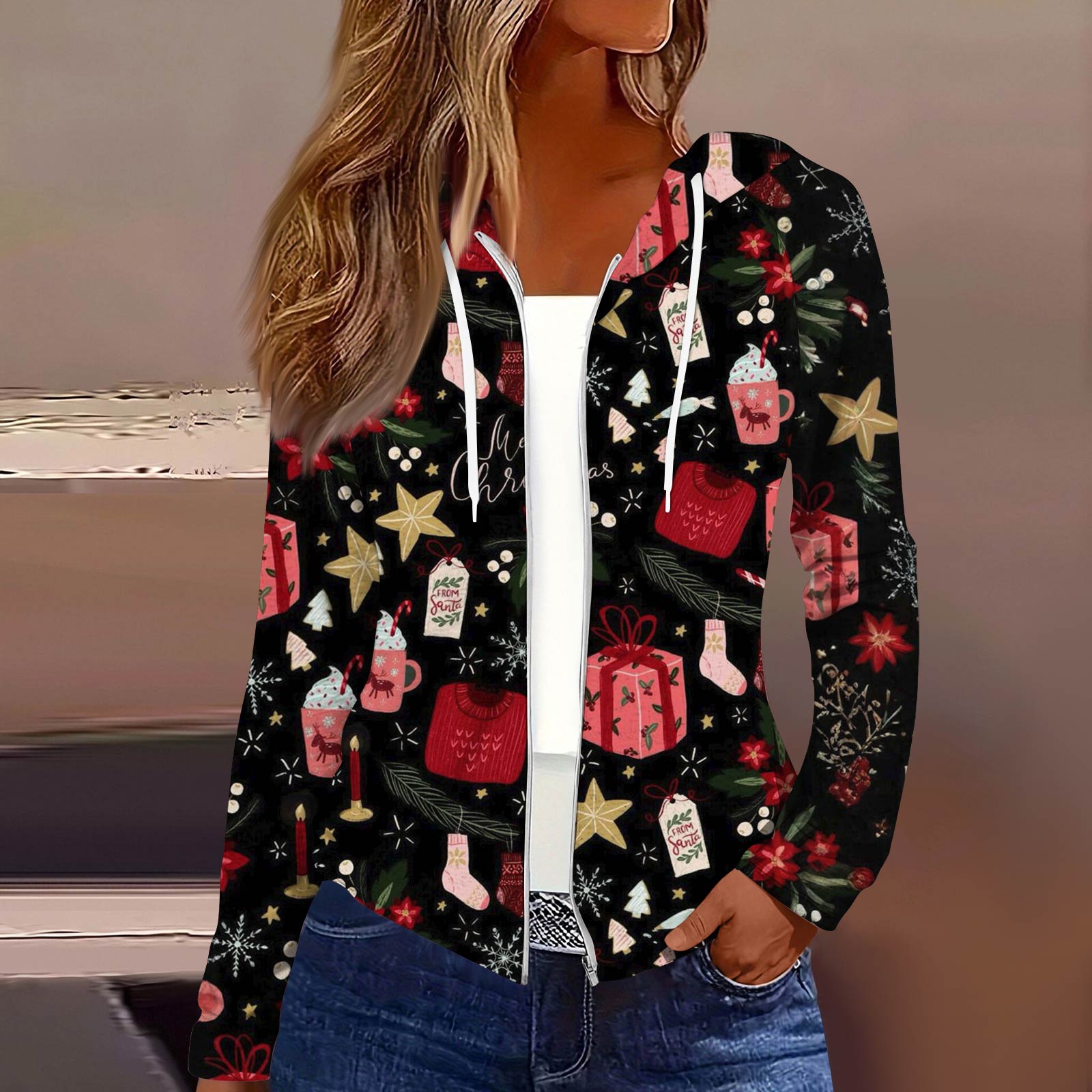 

Women s Fashion Christmas Print Casual Zip-Up Long-Sleeved Hooded Jacket L чорний