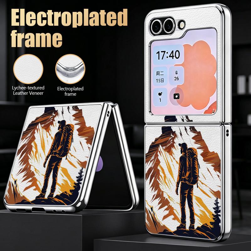 Mountain Landscape Case For Samsung Z Flip 8 7 6 5 Hybrid 3in1 Leather Skin Plating Frame Hard Folding Phone Cover For Galaxy Z Flip8 Flip7 Flip6