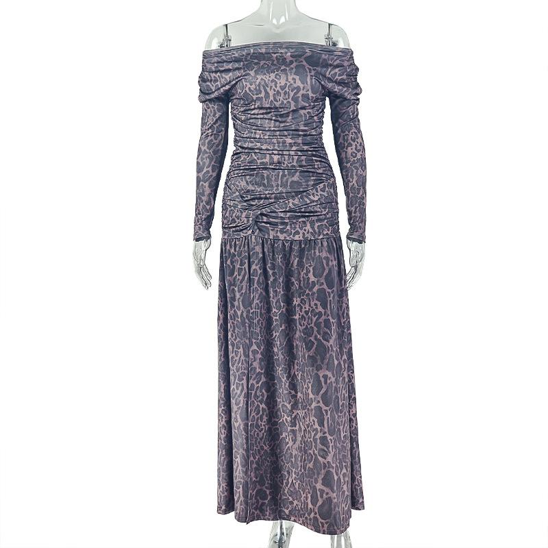 European and American style home women's clothing side split fork one-word neck hip skirt open back tube top long sleeve leopard print tide dress