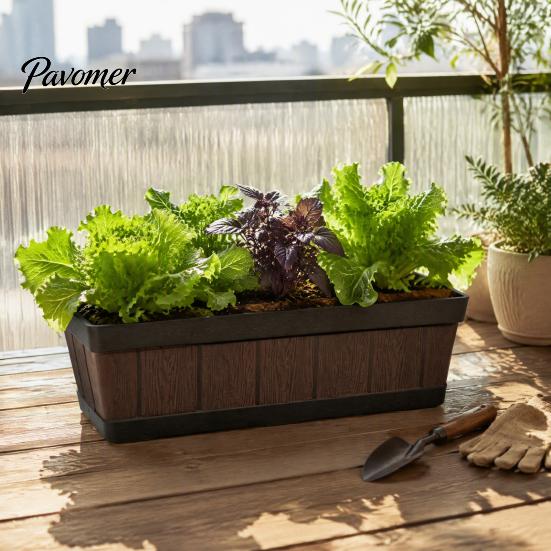 Imitation Wood Grain Herb Planter 18 Inch Rectangular Box, Window Box Planter, Plastic Vegetables Sill Garden Pots with Drainage Flowers Planting Pot