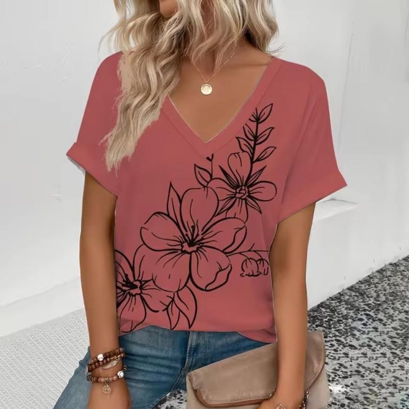 Dam V-ringad T-shirt Retro Elegant Blommönster Mode Tryck T-shirt Sommar Fritid Dam Populär Kortärmad T-shirt