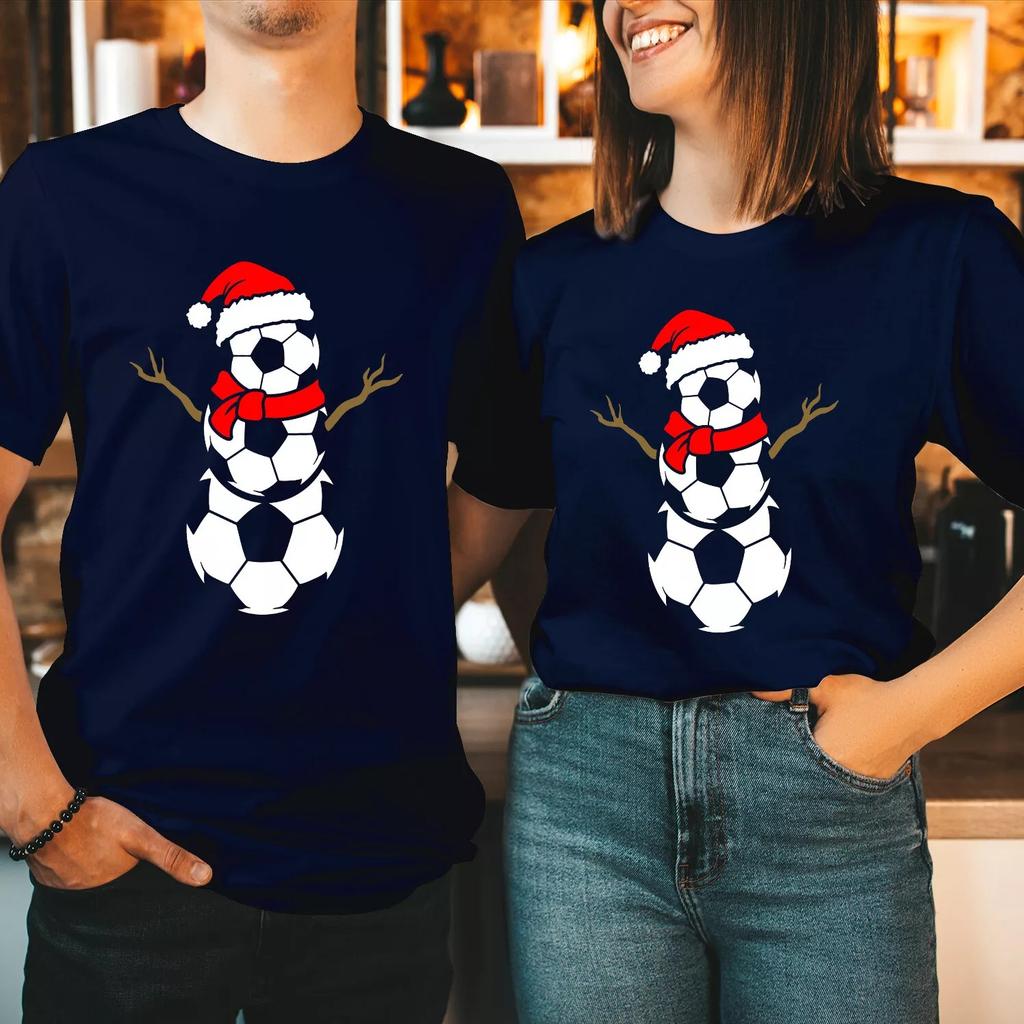Tshirt (5298) Football Snowunisex Christmas Tshirt Santa Hat Soccer Ball Xmas Tee Christmas Rounisextic Couple Special Tshirt