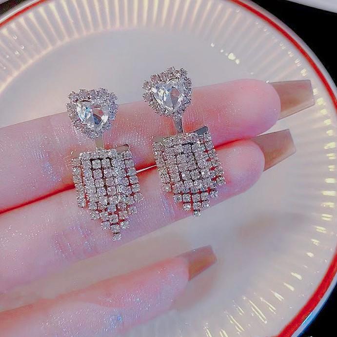 Korean Style Luxury Zirconia Heart Stud & Diamond Tassel Earrings - Women s Sparkling High-End Accessories