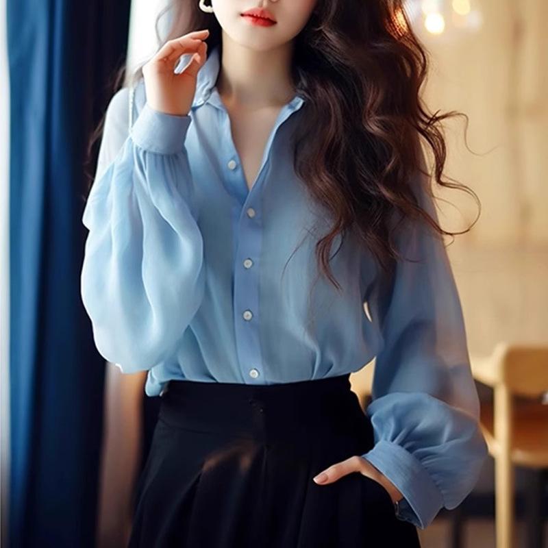 Chic Korean-Style Blue Chiffon Long Sleeve Women's Blouse