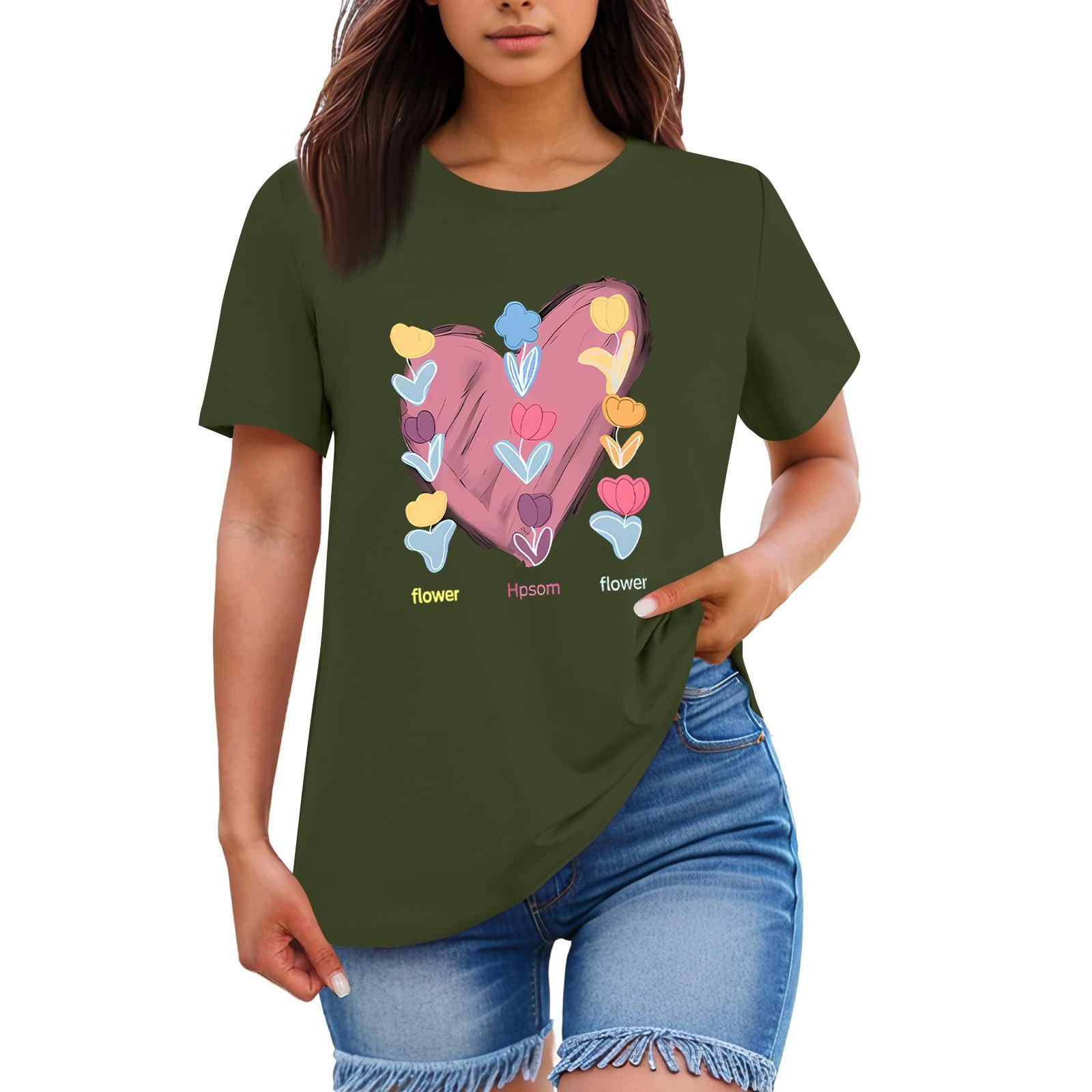 

Женская свободная удобная повседневная модная футболка с принтом в виде сердец и цветов, с круглым вырезом и короткими рукавами XL