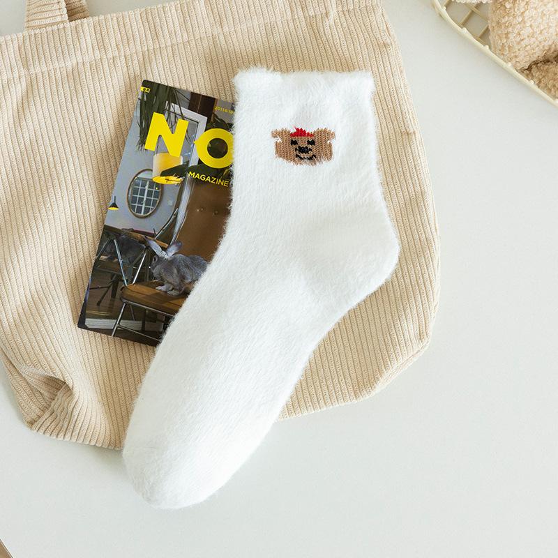 Cute Cartoon Mink Fur Socks for Children, White Mid-calf Socks, Thick and Warm Winter and Autumn Home Sleeping Socks