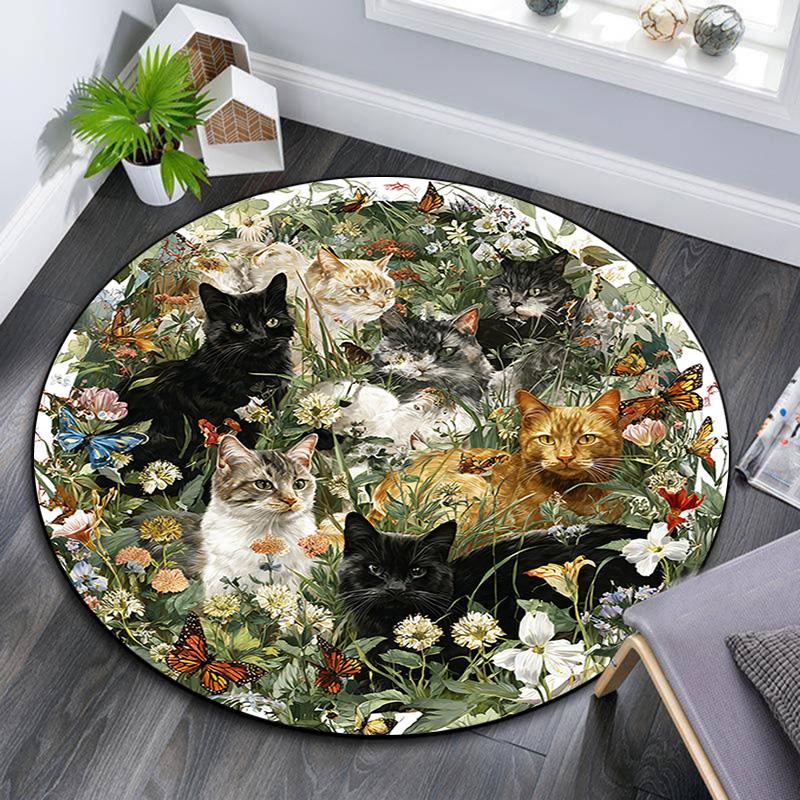 Cats Flowers Round Area Rug,Carpet Rug for Living Room Bedroom Sofa Playroom Decor,Non-slip Floor Mat