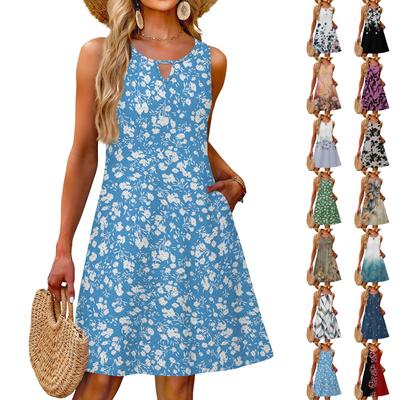 Ladies Fashion Casual Summer Vintage Floral Print Dress With Pocket Beach Holiday Vest Dress