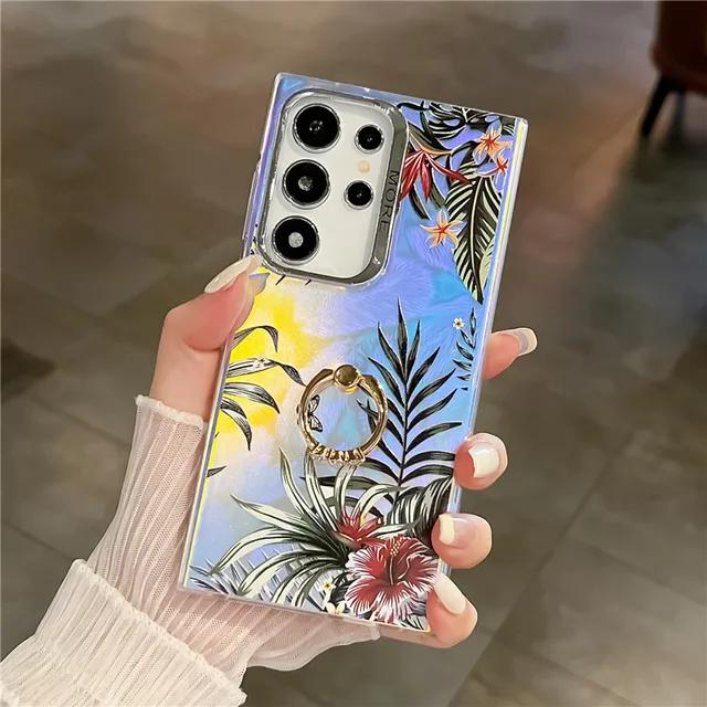 Diamond Ring Phone Holder Raser Case for Samsung A25 A54 A55 A15 A35 A14 A34 S24 Plus S22 Ultra S23 FE Flower Leaf Bling Cover
