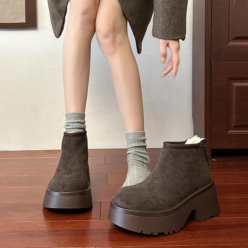 Brown thick-soled thick-heeled cotton shoes women's winter velvet thickened small short boots waterproof and non-slip snow boots