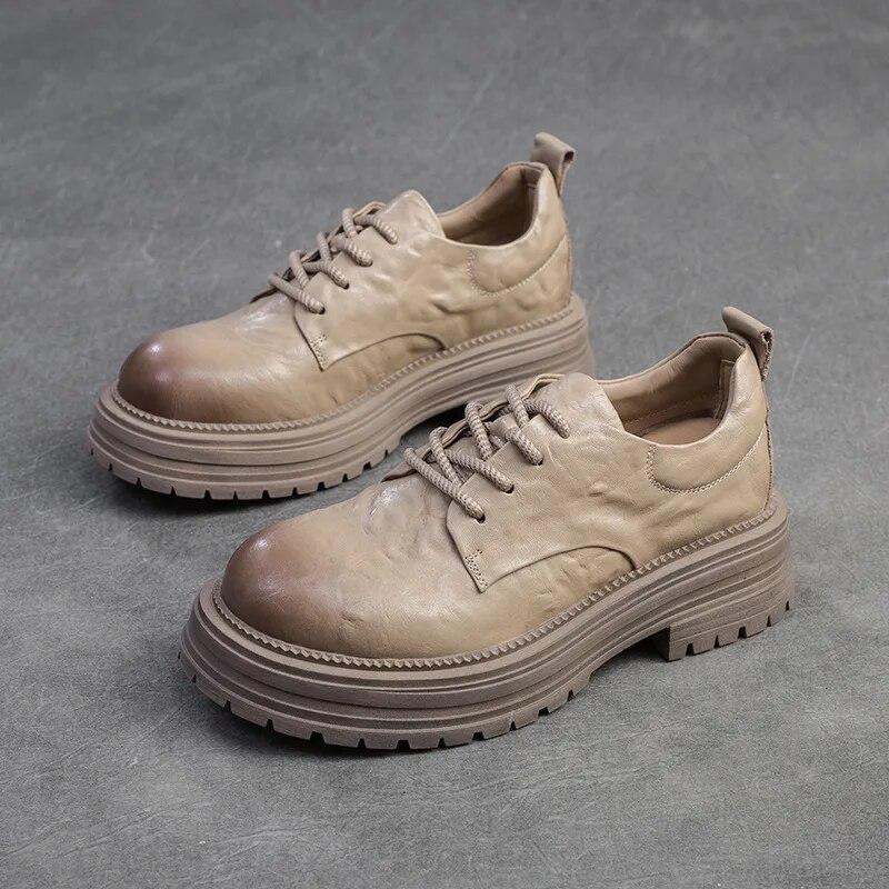 Johnature Vintage γνήσιο δέρμα βρετανικού στιλ Pumps Ευέλικτη χοντρή σόλα γυναικεία παπούτσια με κορδόνια