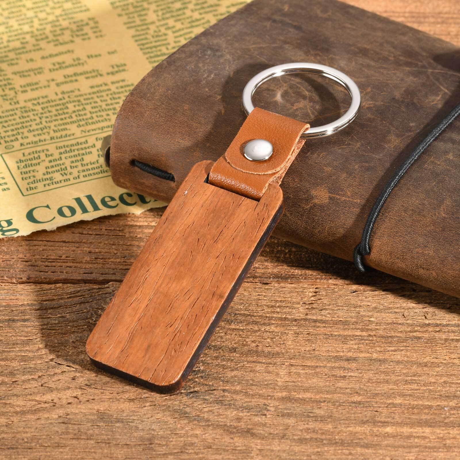 Vnox Personality Engraved Wood Keychains, Geometric Rectangle Wooden Bar Key chain Keyrings for Men, Fathers Day Gift 1 side engraved