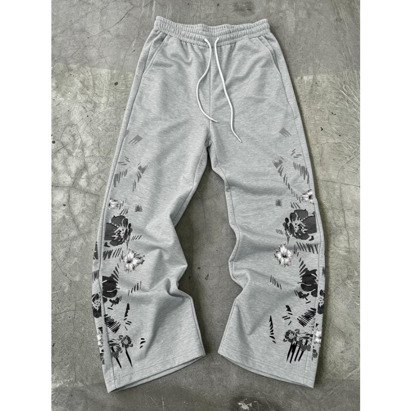 Pantalon de survêtement large pour homme, double face, motif floral à l'encre, cordon de serrage, doux, style oriental urbain hip-hop, ample