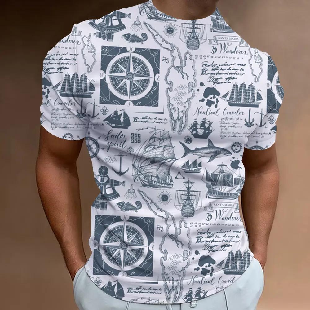 Ny T-skjorte 3D-trykket Nautisk Mønster Sommer Herre Klassisk Vintage T-skjorte Topp Herre Casual Oversized Rund Hals T-skjorte