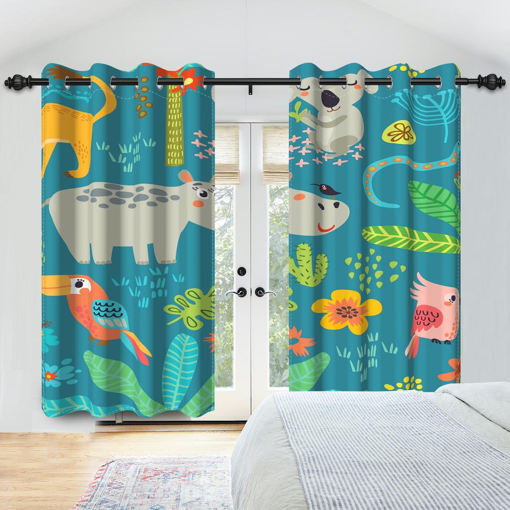 Set Of 2 Tropical Jungle Animal Pattern Curtains Cute Hippo Koala Parrot Design Kids Room Bedroom Living Curtain Darkening Polyester Ideal For Area