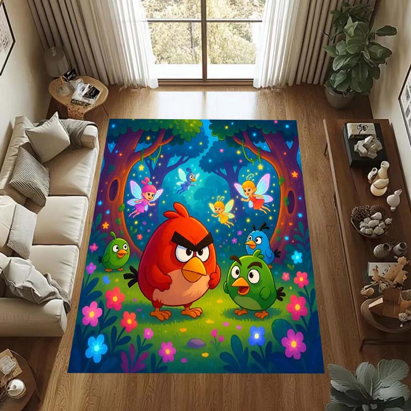 Various Styles of Angry Birds 2 Themed Printed Rugs for Soft Bedroom Floors, and Non-slip Welcome Mats for Home Laundry Rooms.
