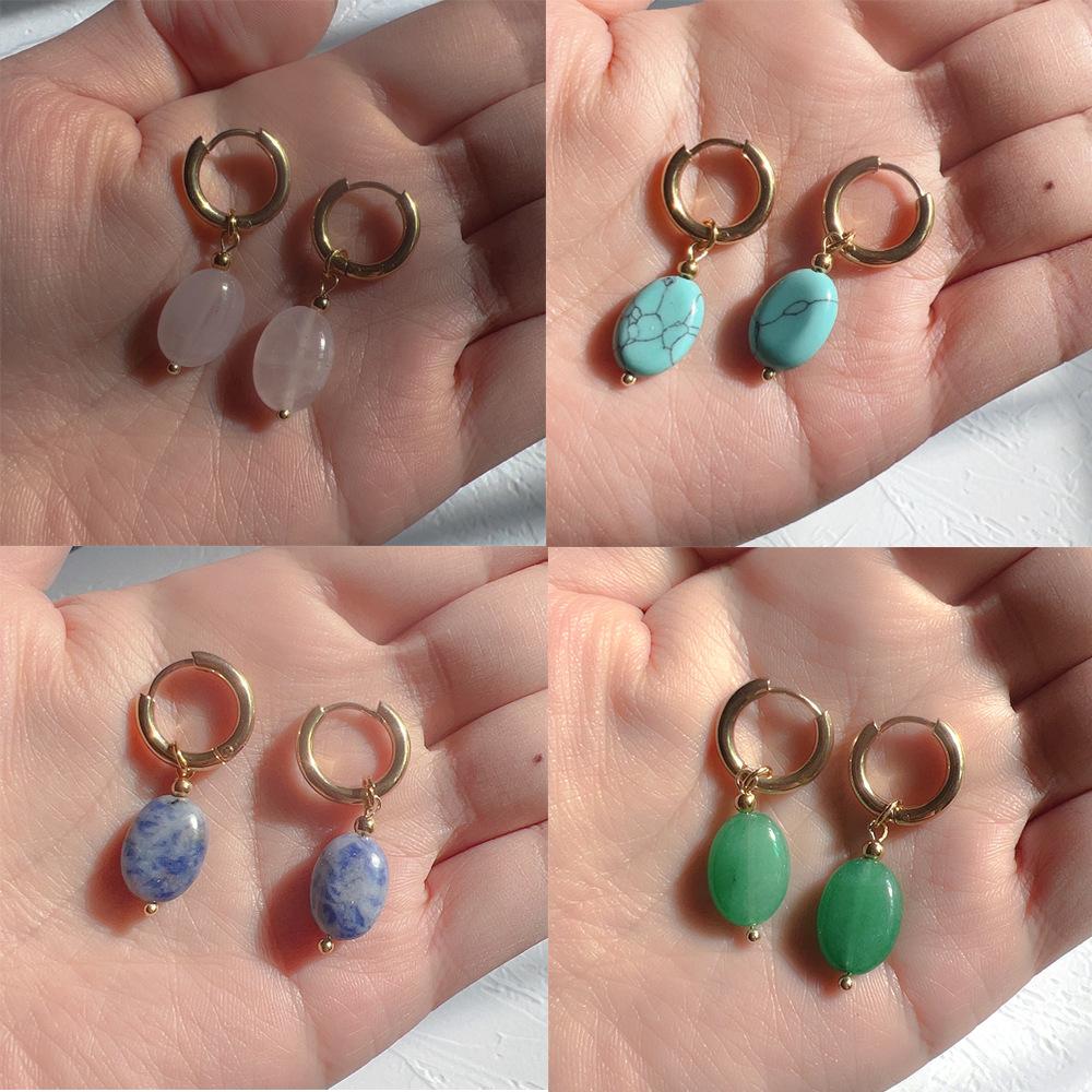 French Fashion Earrings Elegant Oval Denier Ins Retro Style Ear Buckle Titanium Steel Natural Stone All-match Ear Jewelry
