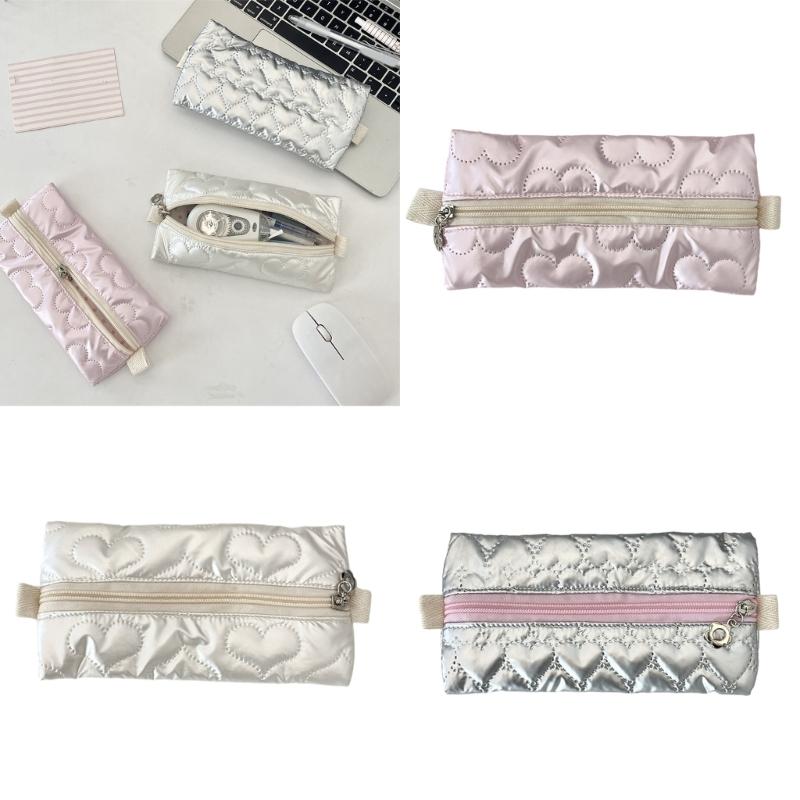 High Capacity Pen Bag Bowknot Print Pencil Case Metallic Color PU Pen Pouches Portable Pen Organizers Travel Makeup Bag