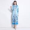 Spring Autumn Women Vintage Print Runway Dresses Full Sleeve Single Breasted Long Maxi Party Dress with Belt
