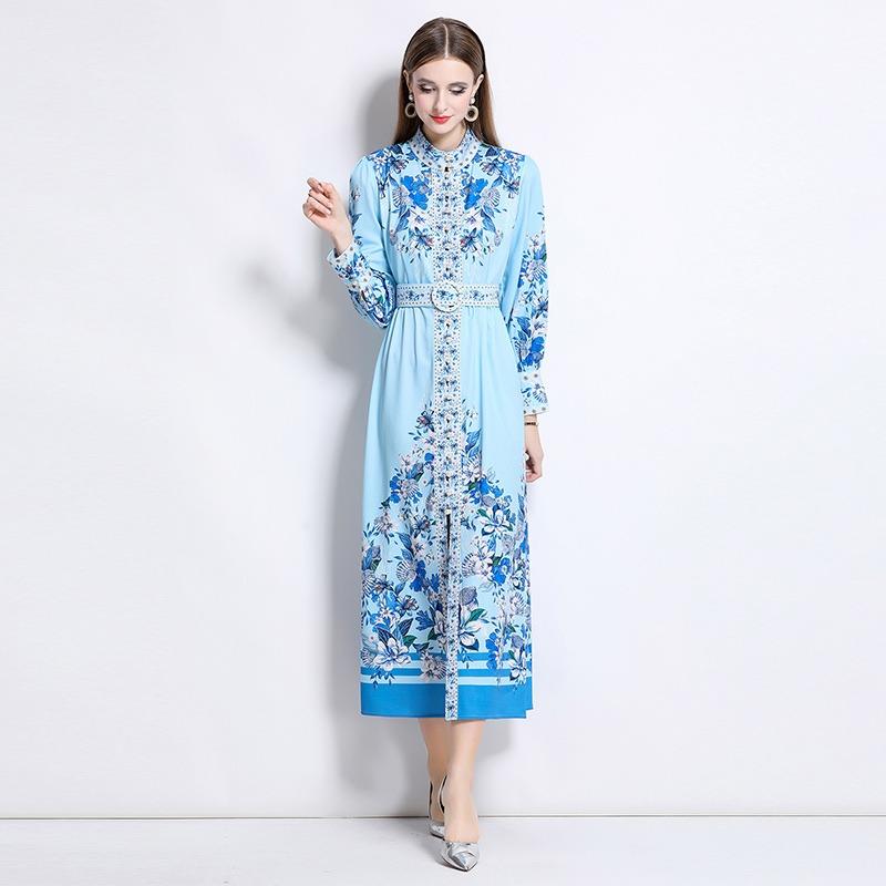 Spring Autumn Women Vintage Print Runway Dresses Full Sleeve Single Breasted Long Maxi Party Dress with Belt