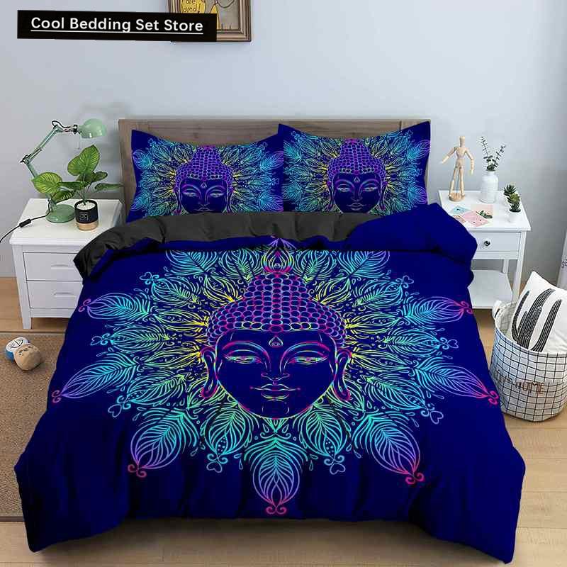 Set Letto Buddha Religione Indiana Buddismo Meditazione Mandala Copripiumino Sorriso Buddha Floreale Morbido Copripiumino Queen King Size