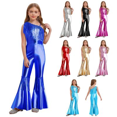Kinder Festanzug Jumpsuit Schulterfrei Ärmellos Glitzernde Pailletten Quasten Ausgestellt Partykleidung