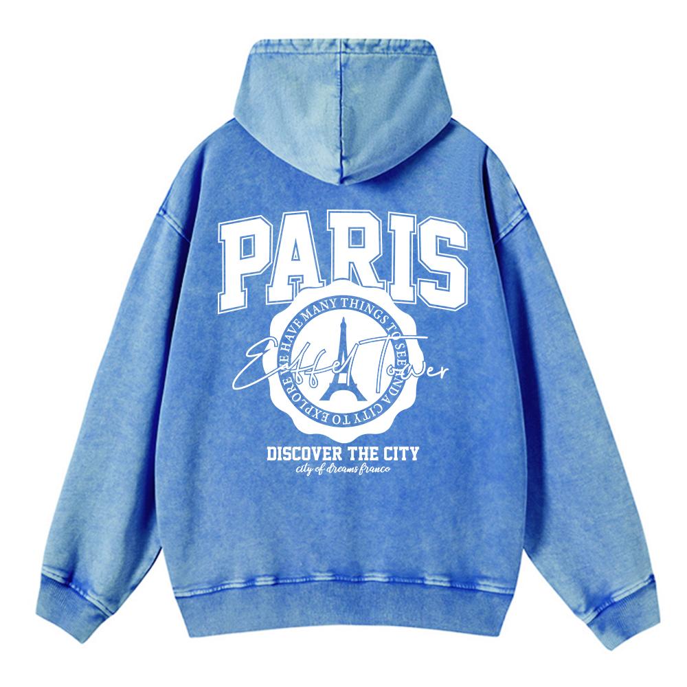 Cotton Womans Acid Wash Hoodies Paris Discover The City Printing Streetwear Oversize Pocket Warm Pullovers Clothes