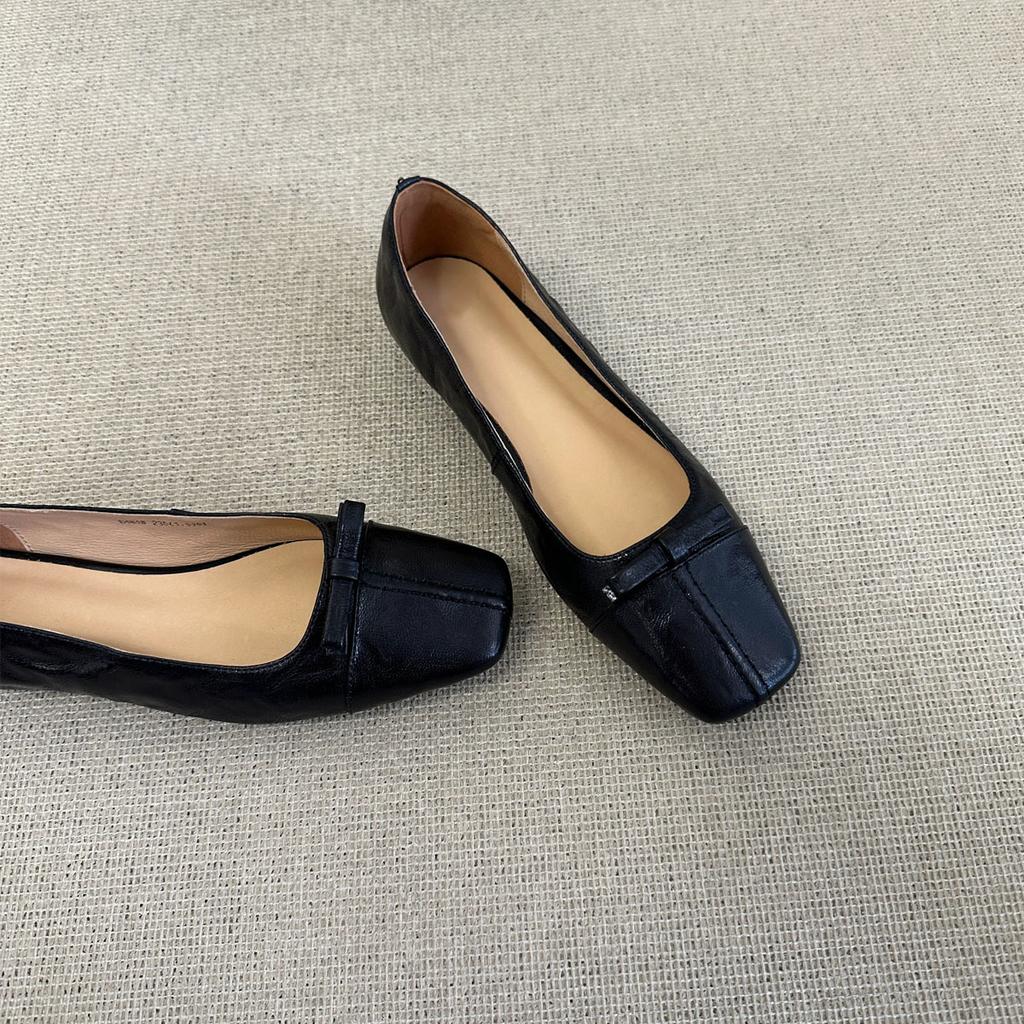 Sheepskin version~ French square head bow flat shoes shallow mouth one pedal single shoes commuting shoes femininity grandma shoes