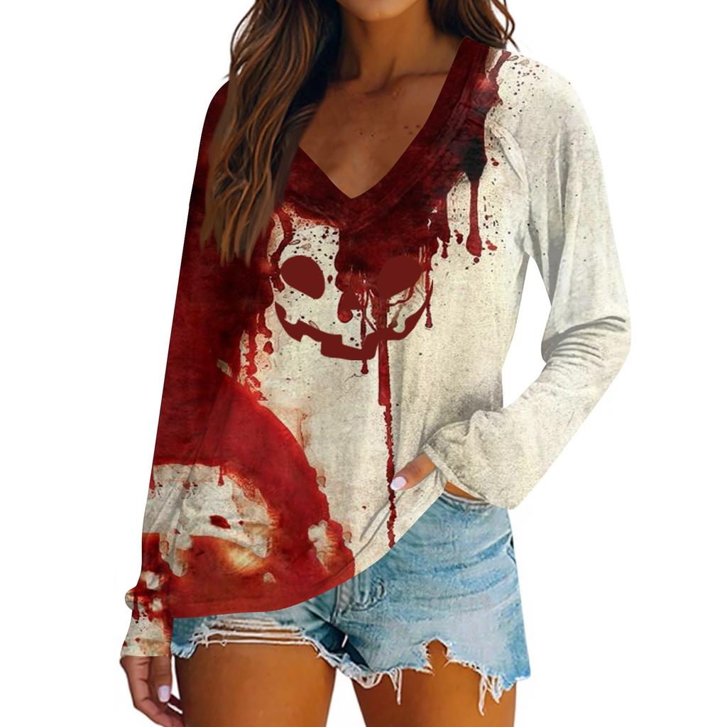 Women's Casual Fashion Snowflake Printed Vintage Casual Print Long Sleeve V-Neck Pullover Top Blouse