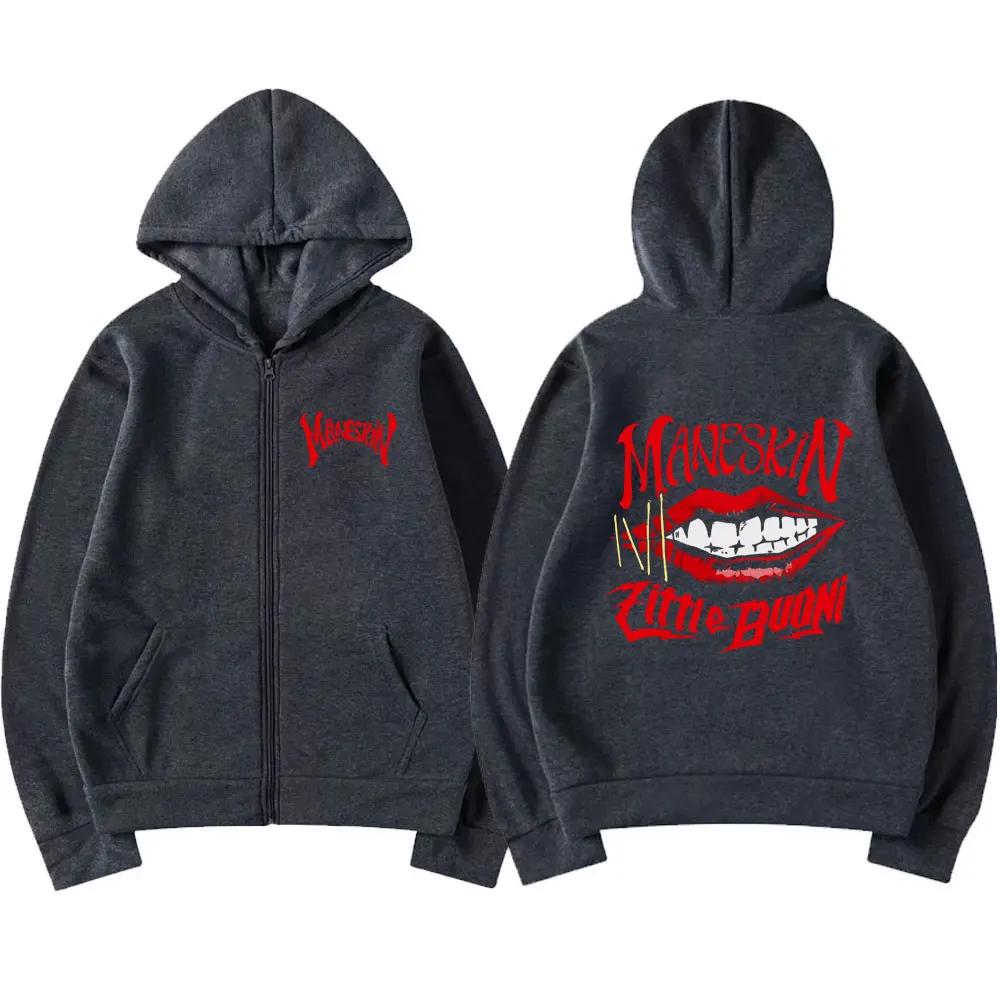 Sweat à capuche zippé avec bouche Maneskin, groupe de rock italien, pour homme et femme, surdimensionné, décontracté, cardigan zippé, manteaux mode rétro