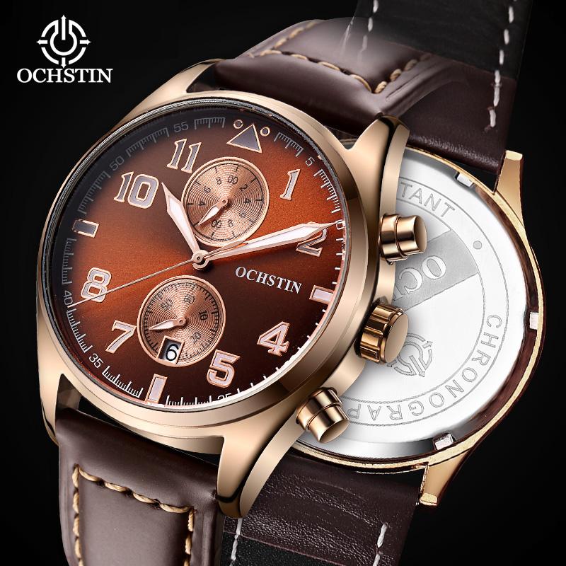 Quartz Chronograph Watch Luminous Waterproof Wrist Watch Leather Strap Date Function Pilot Style
