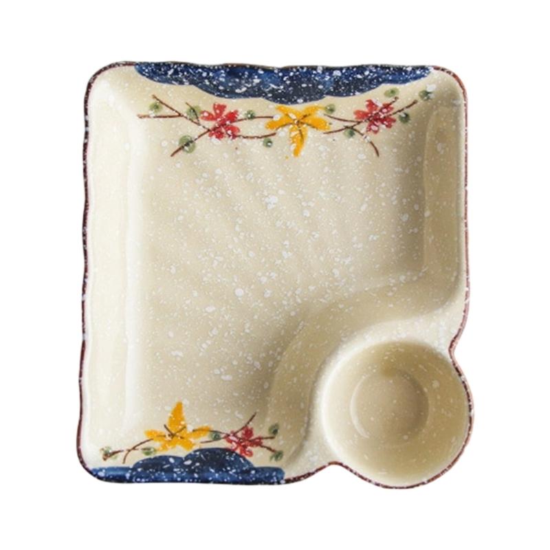 

High Fired Ceramic Square Serving Tray with Integrated Vinegar Cup Perfect for Dumplings Dim Sum and Appetizers