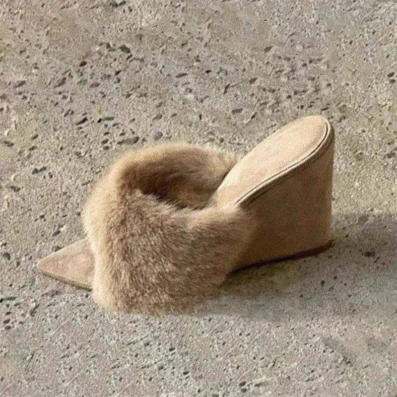 Fashion Fluffy Women Slippers Wedges Sandals Pointed Toe High Heels Shoes 2025 Winter Designer Brand Party Dress Shoes Sexy Flip Flops