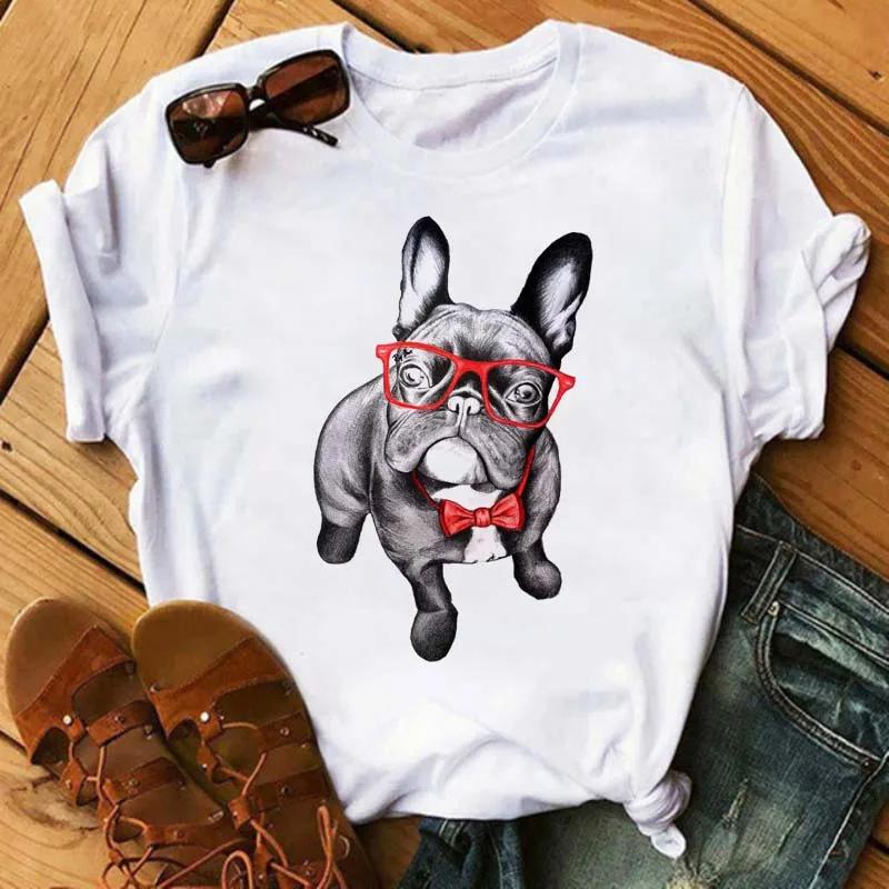 Fun Cute French Bulldog T-shirts Animal Harajuku Print Pattern Short Sleeves  Pure Cotton Women's T-shirts