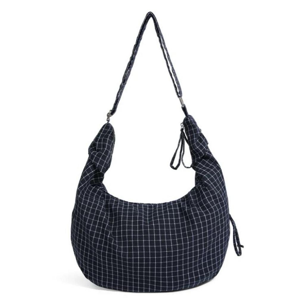 Korean Niche Plaid Drawstring Lightweight Casual Messenger Bag Women'S Lazy Style Show Daily Shoulder Bag