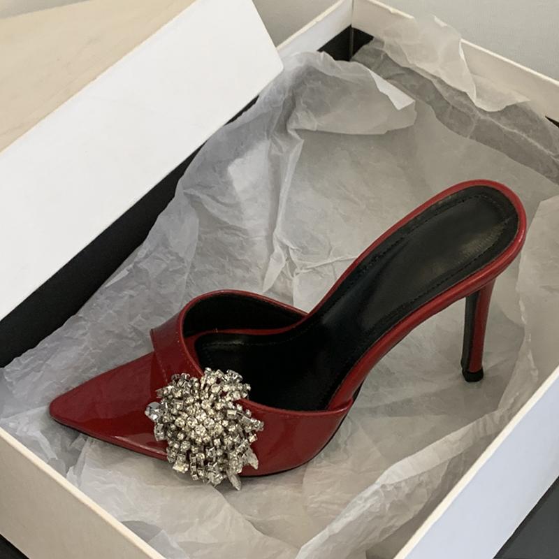 Designer Red Patent Leather Women Slippers Sandals Sexy Pointed Open Toe Rhinestone High Heels Summer Party Dress Shoes