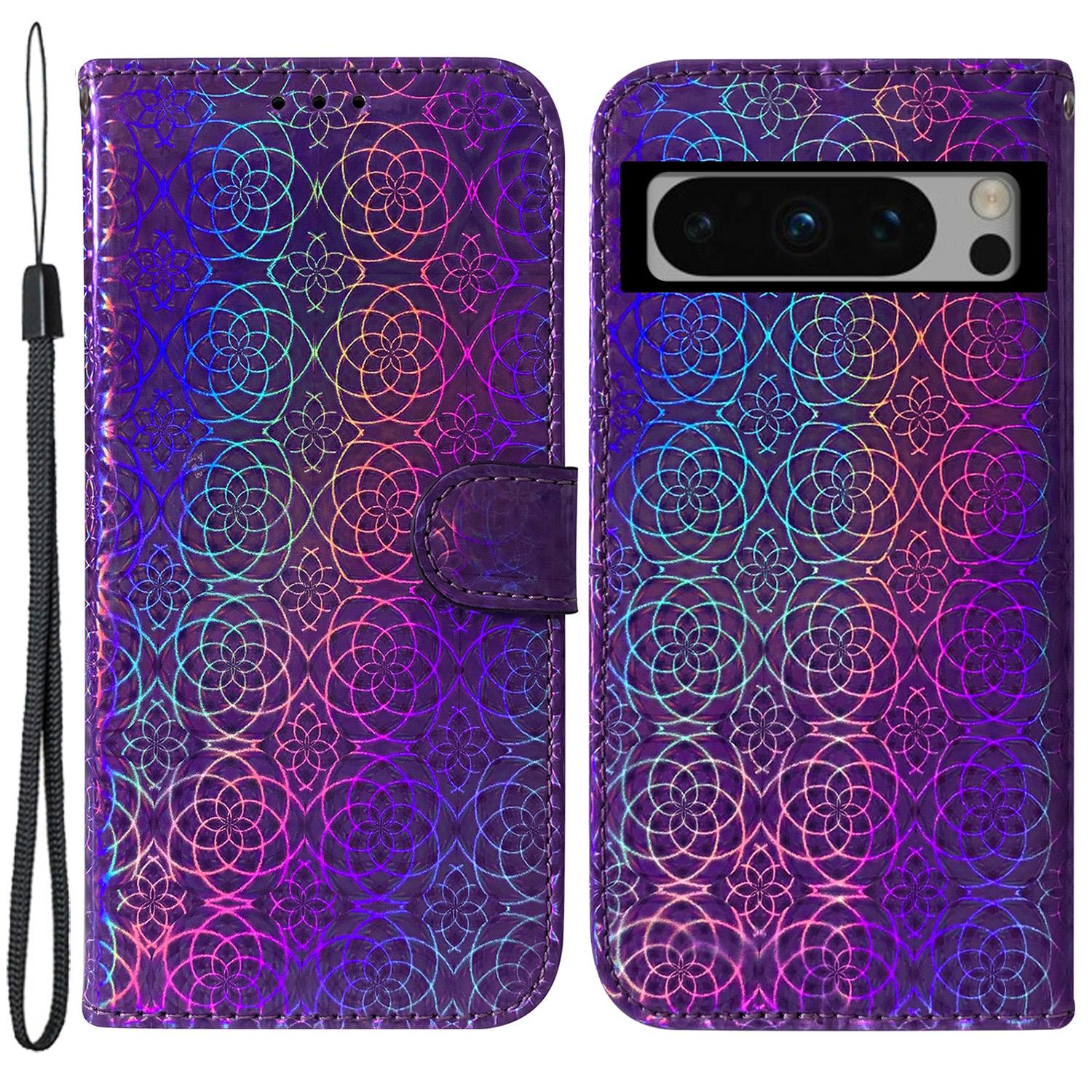 

For Google Pixel 8 Pro Dazzling Flower Pattern Phone Case Flip Stand PU Leather Wallet Shockproof Shell Purple