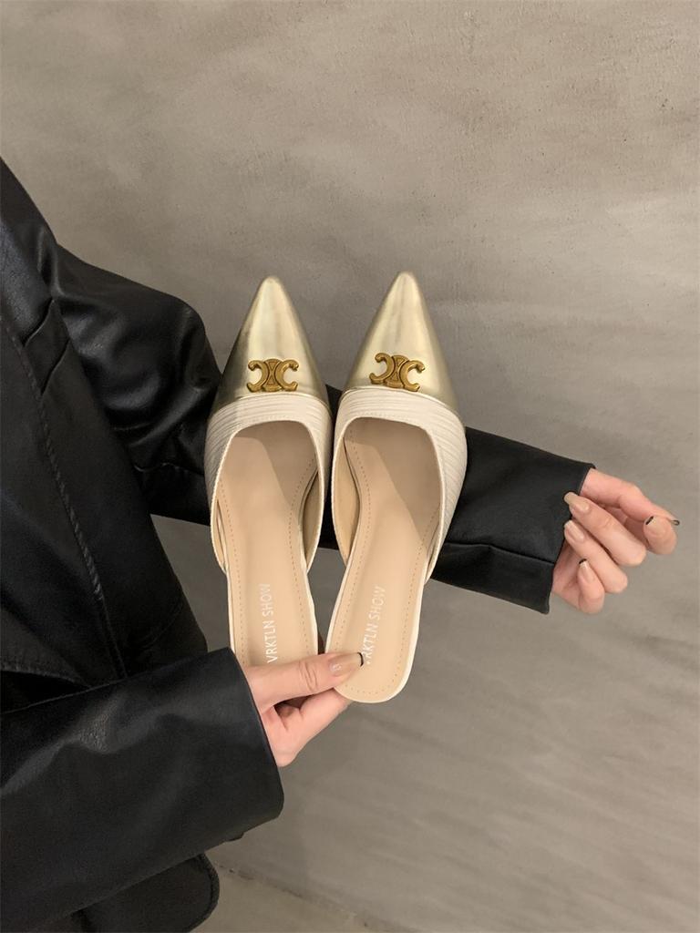 Xiaoxiangfeng bag head and half slippers are worn outside, spring and summer 2025, new thin heels, pointed heads, shallow mouth, high heels, single s